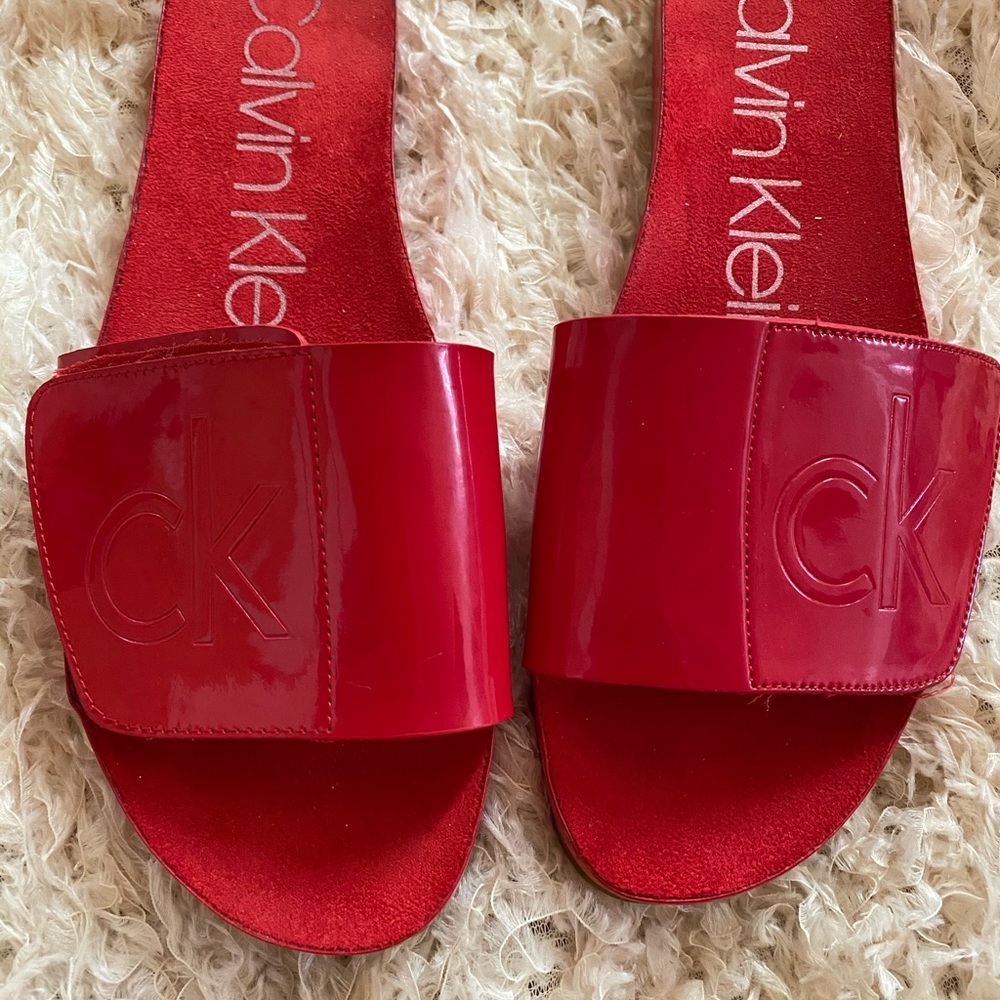 Calvin Klein red patent leather sandals